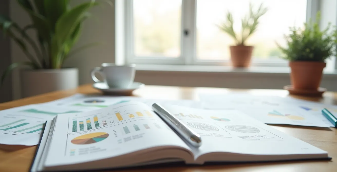 Espace de travail minimaliste avec bureau en bois, carnet de notes ouvert et graphiques d'analyse sur papier, éclairage naturel par fenêtre