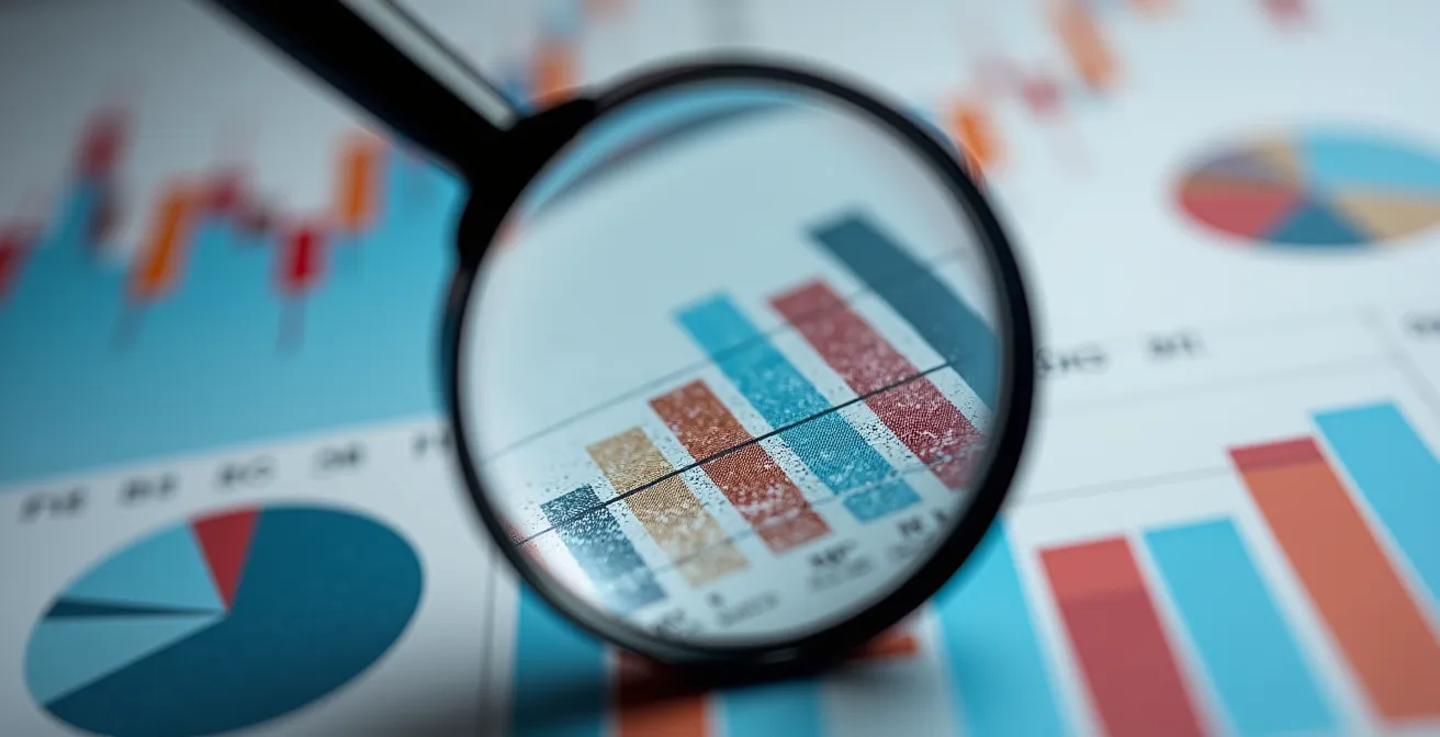 Graphique de performance avec loupe analysant les écarts entre prévisions et réalisations