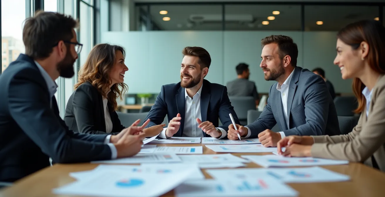 Professionnels analysant des documents financiers autour d'une table de réunion moderne