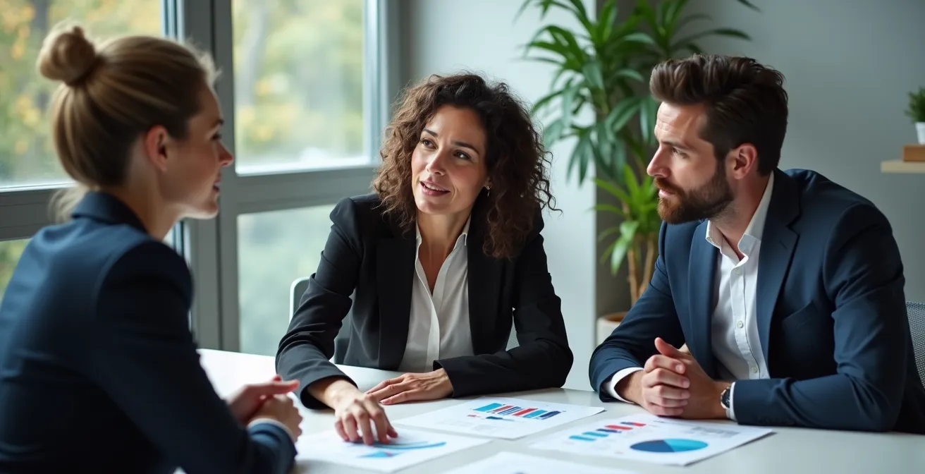 Dirigeants en réunion analysant des données stratégiques dans un environnement professionnel