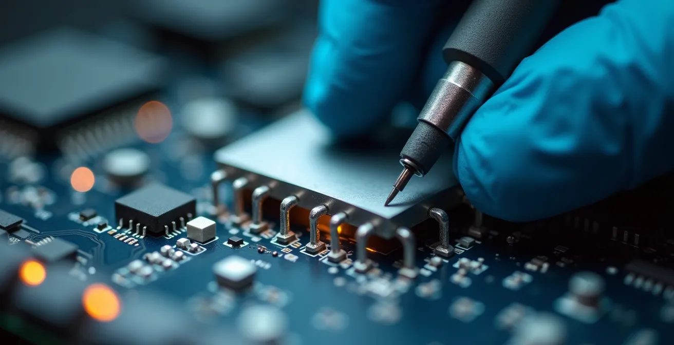 Plan macro d'une main experte assemblant une pièce technologique de précision, illustrant la valeur ajoutée locale.