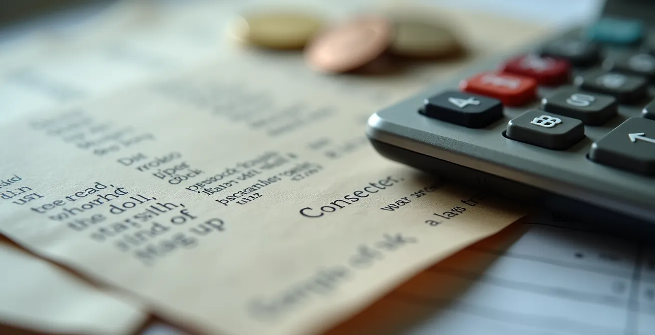 Vue macro de reçus et factures avec calculatrice montrant l'accumulation des petits montants