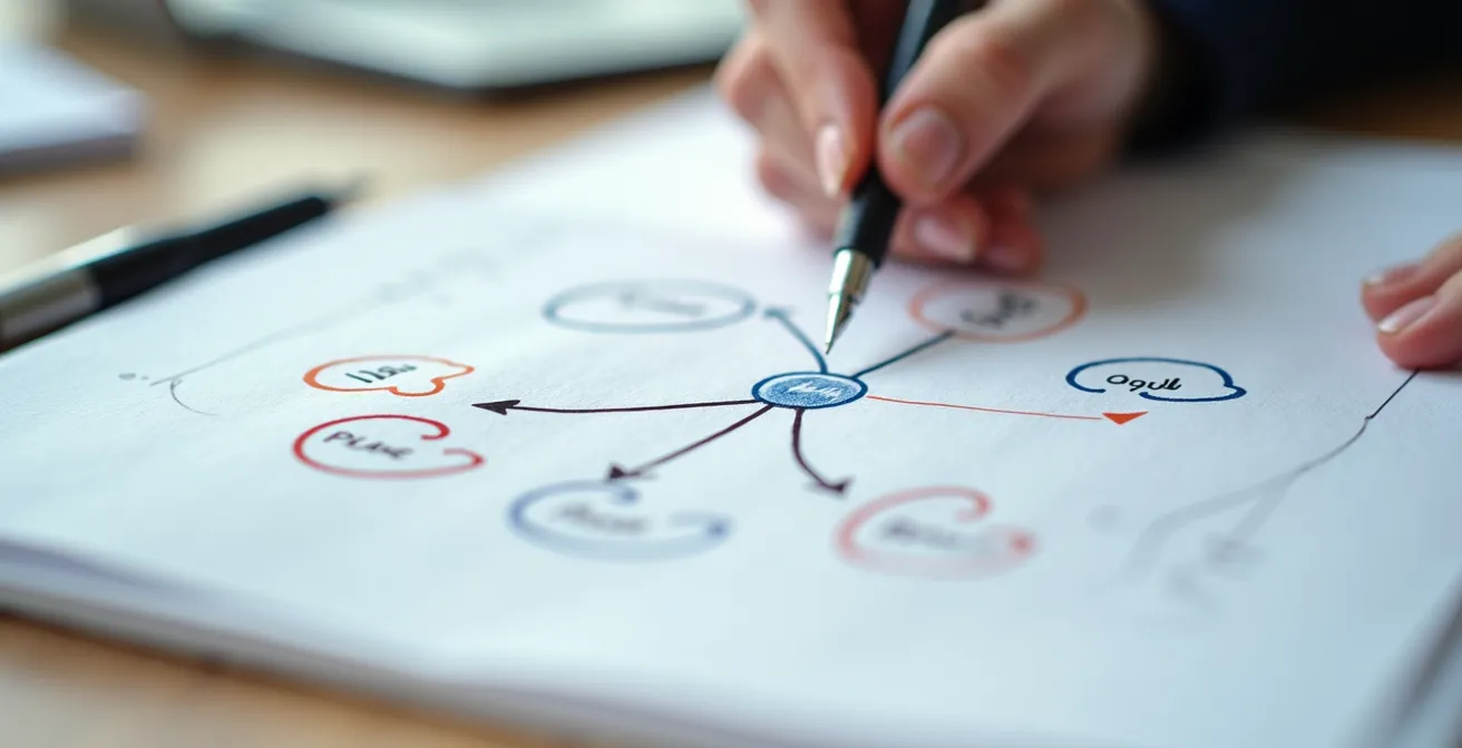 Vue macro d'un diagramme de flux avec des jalons trimestriels et des indicateurs de progression