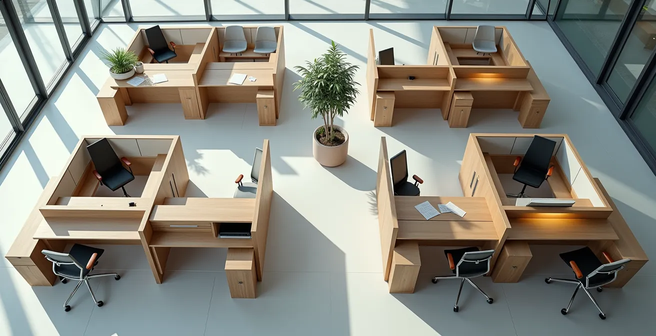 Vue aérienne minimaliste d'un espace de travail organisé en différentes zones représentant les centres de profit