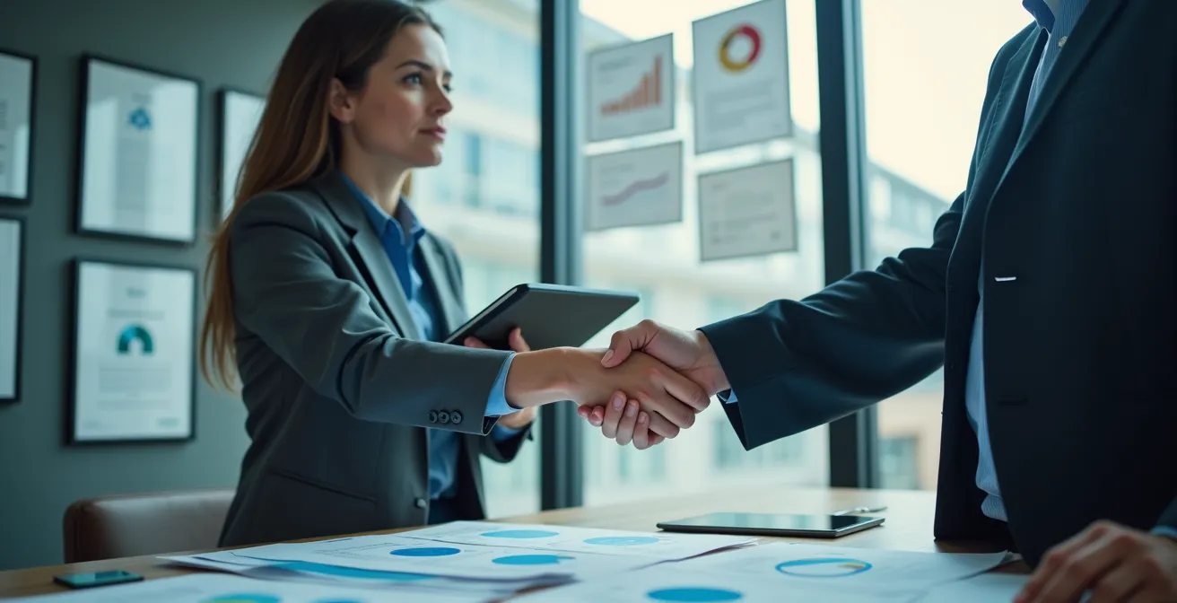 Deux professionnels analysant des documents de certification ESG dans un bureau moderne et lumineux