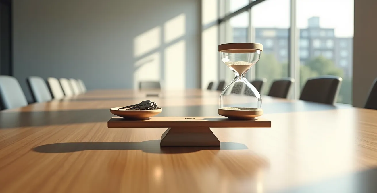 Balance symbolique avec des pièces d'un côté et des clés de l'autre représentant le choix entre achat et leasing