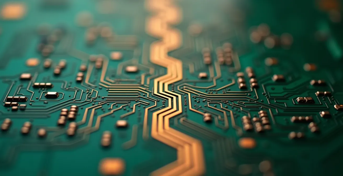 Vue macro détaillée de circuits électroniques interconnectés symbolisant l'intégration des systèmes informatiques