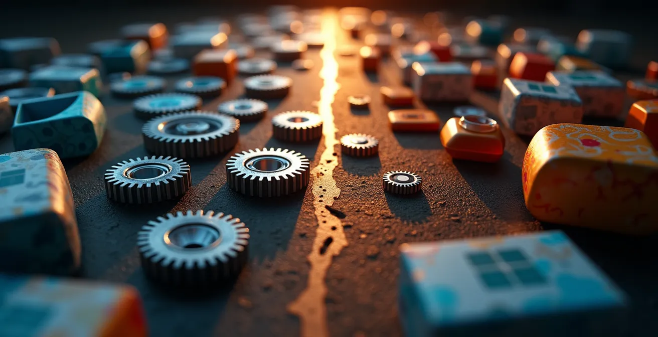 Visualisation du paradoxe entre une efficacité machine élevée symbolisée par des engrenages parfaits et un service client insuffisant symbolisé par des boîtes de produits en désordre.