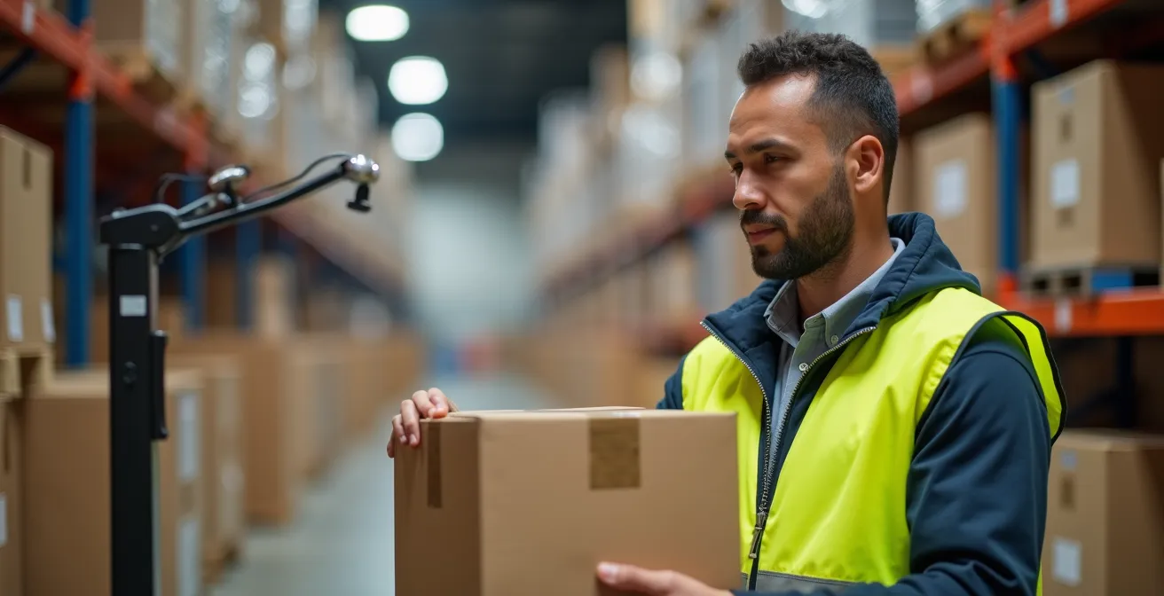 Employé vérifiant le poids de cartons sur une balance industrielle dans un entrepôt