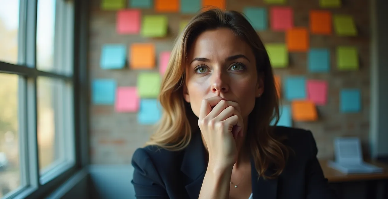 Portrait rapproché d'une personne réfléchissant devant un mur de post-its colorés symbolisant les idées bloquées