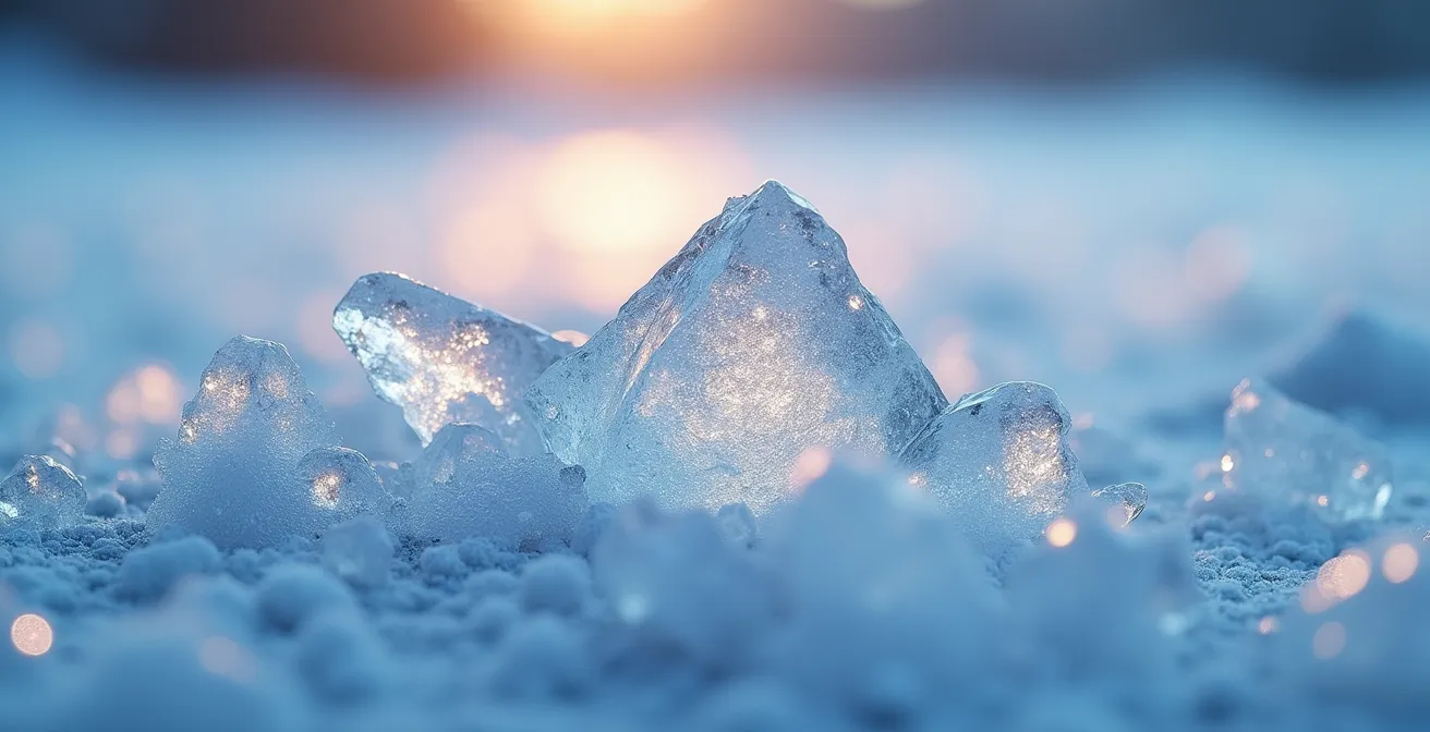 Vue macro de cristaux de glace formant des motifs géométriques naturels