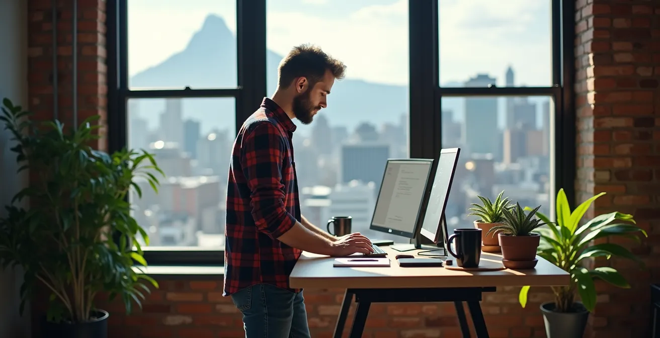 Développeur travaillant dans un espace de coworking lumineux avec vue sur le mont Royal, symbolisant l'équilibre vie professionnelle et personnelle