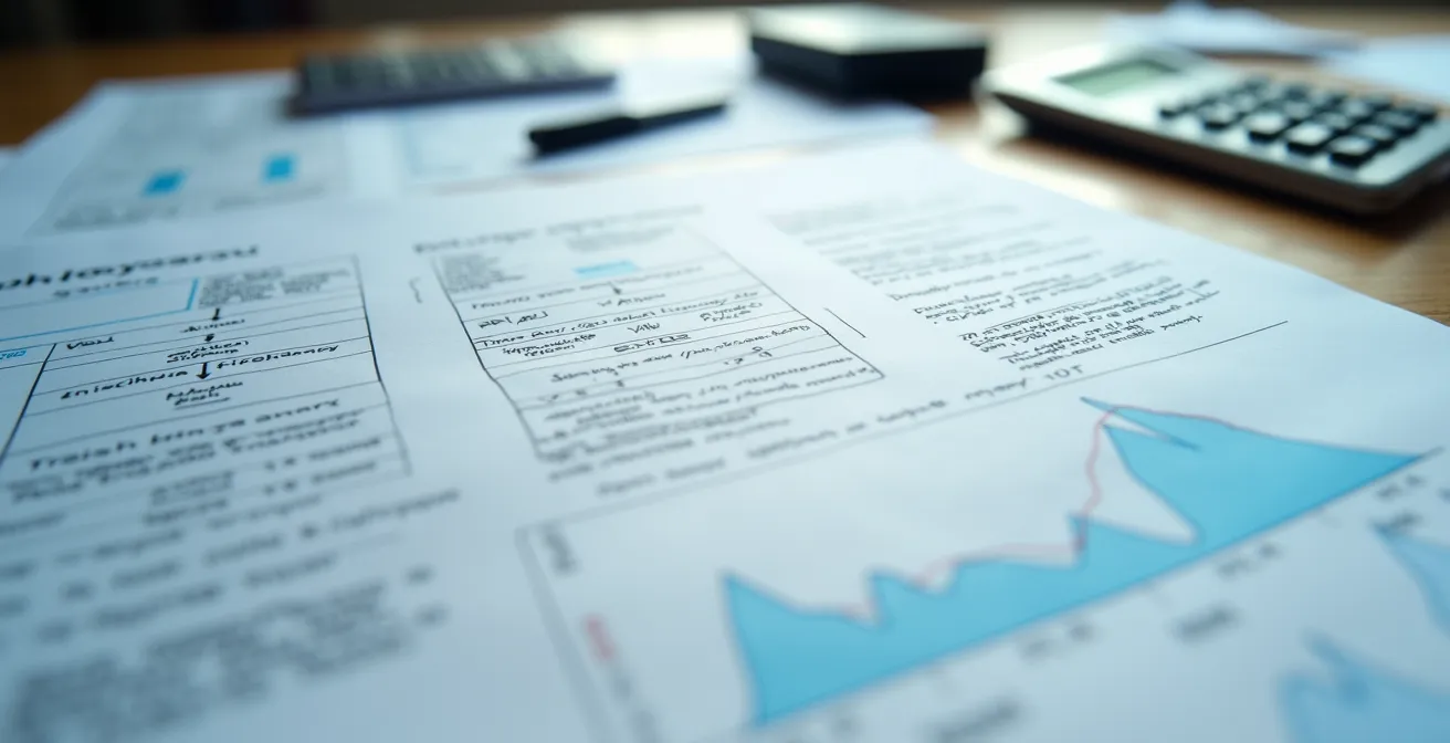 Gros plan macro sur des documents techniques avec graphiques et annotations manuscrites