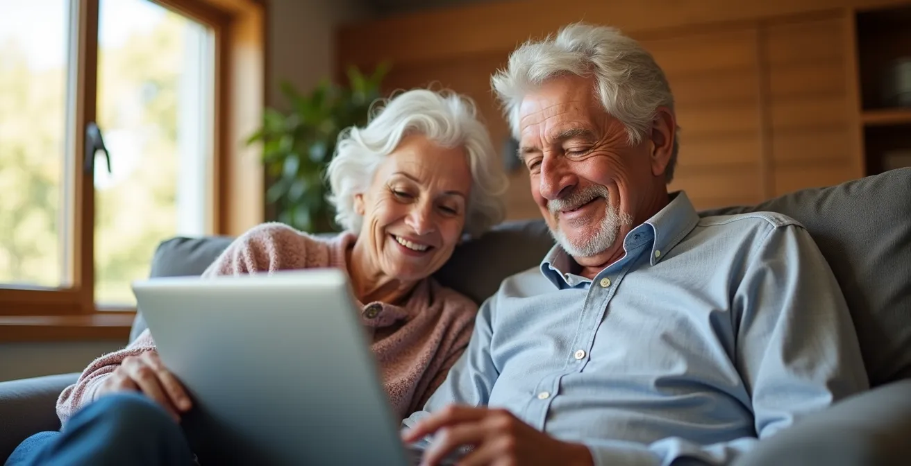 Couple de retraités actifs québécois utilisant avec aisance des produits ergonomiques et modernes dans leur maison.