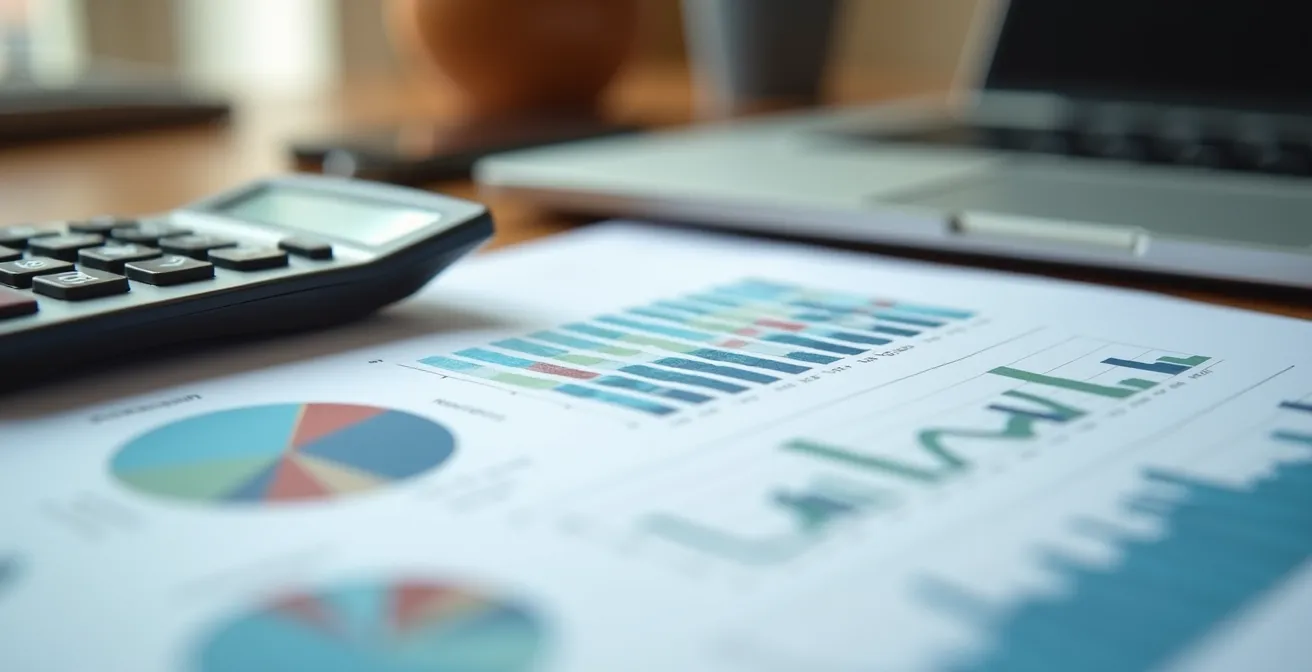 Vue macro de documents financiers et calculatrice sur bureau d'entrepreneur québécois