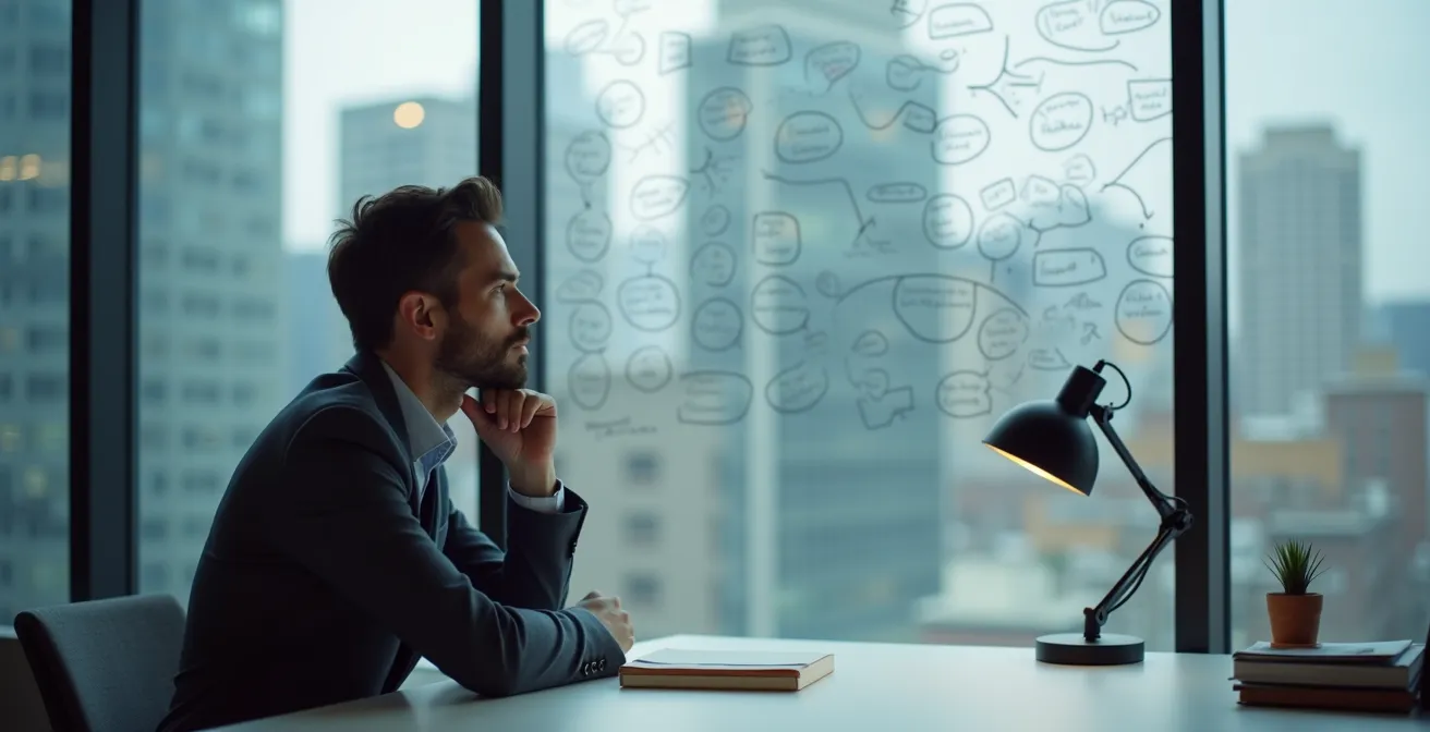 Portrait d'entrepreneur québécois en moment de réflexion stratégique dans un bureau moderne