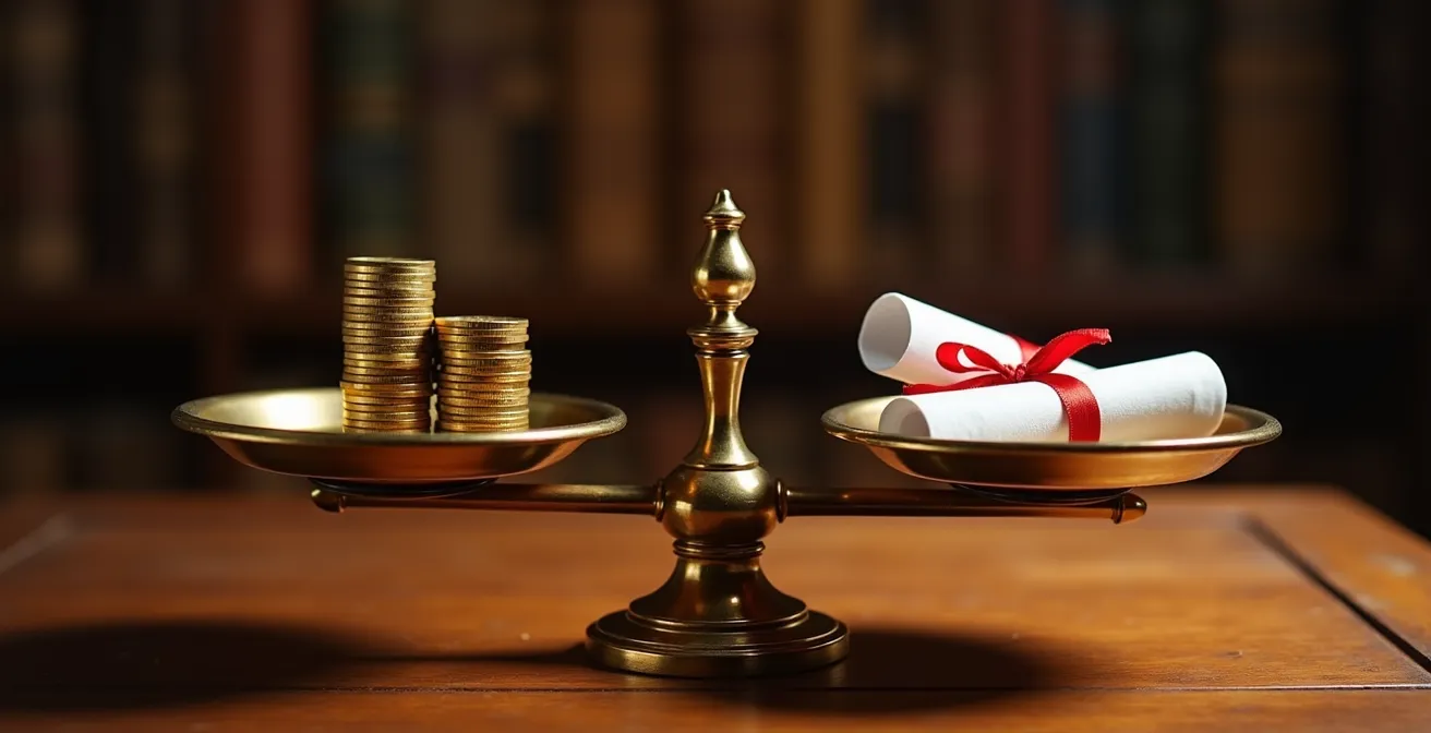 Balance symbolique équilibrant des pièces dorées et des documents dans un environnement professionnel