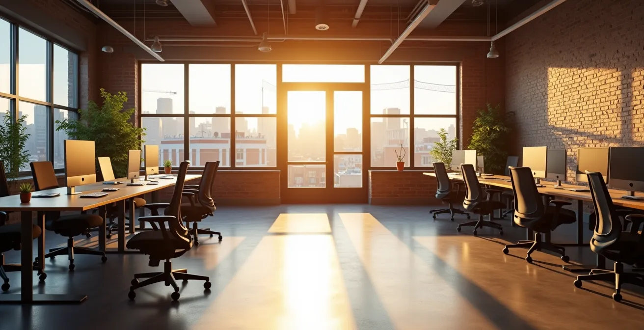 Espace de travail moderne d'une startup montréalaise avec vue panoramique sur la ville