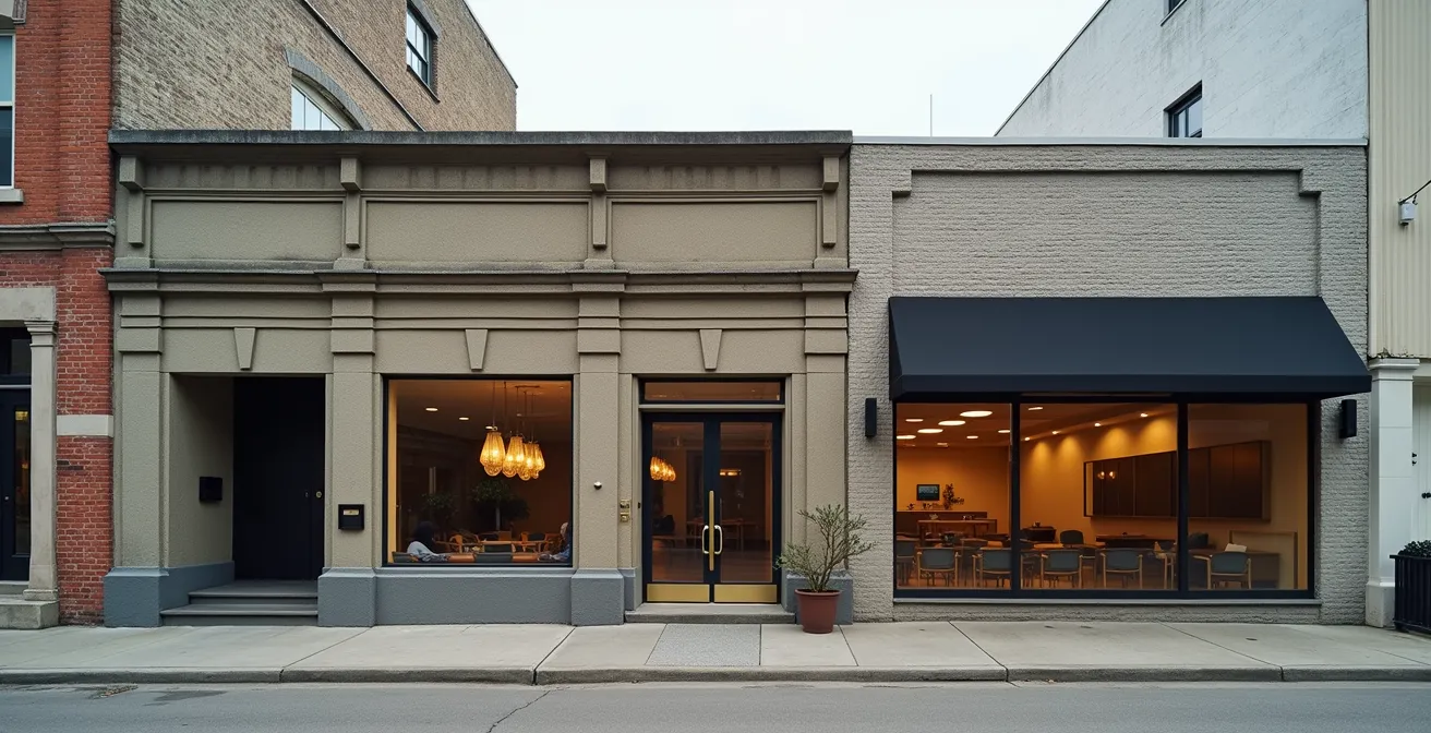 Vue panoramique d'un quartier historique avec une devanture modernisée alliant patrimoine et innovation