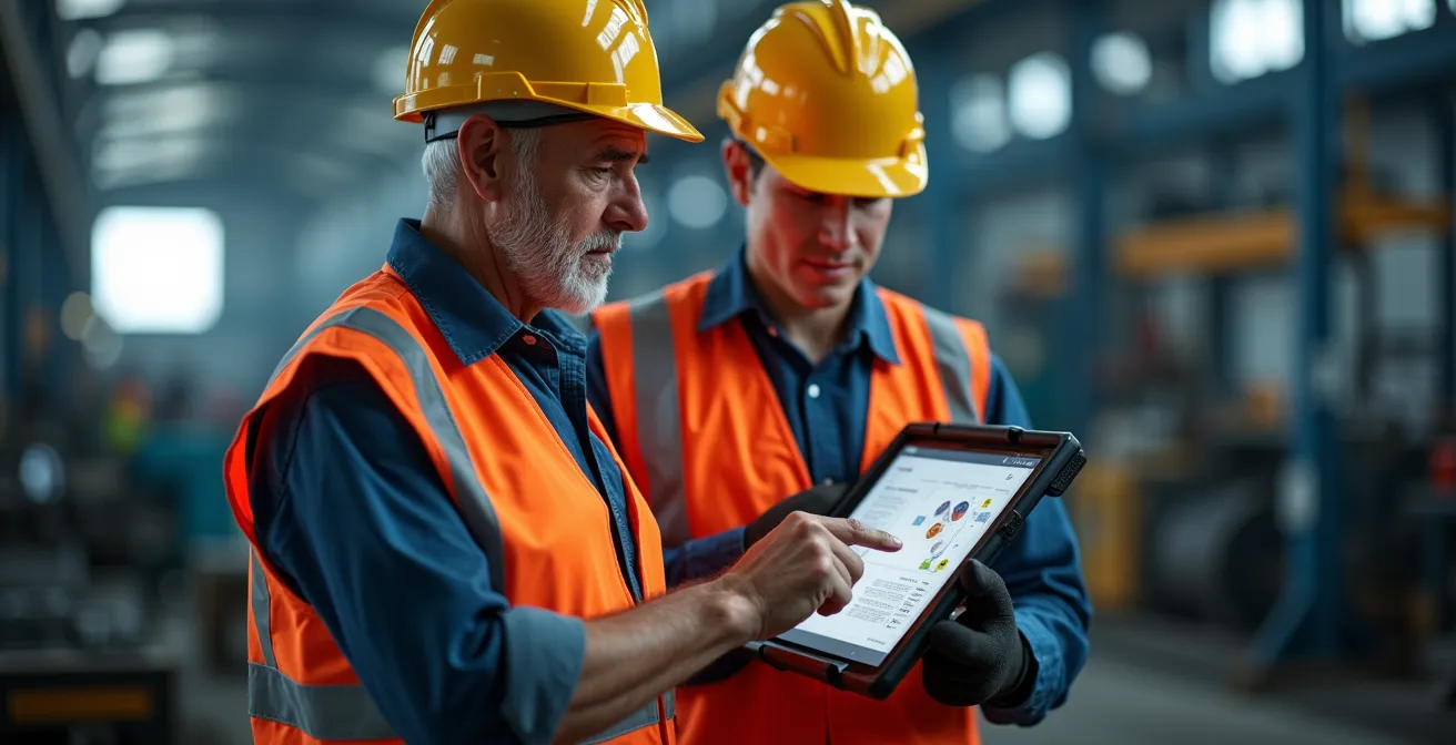 Opérateur senior en formation sur tablette industrielle avec accompagnement par un collègue expert