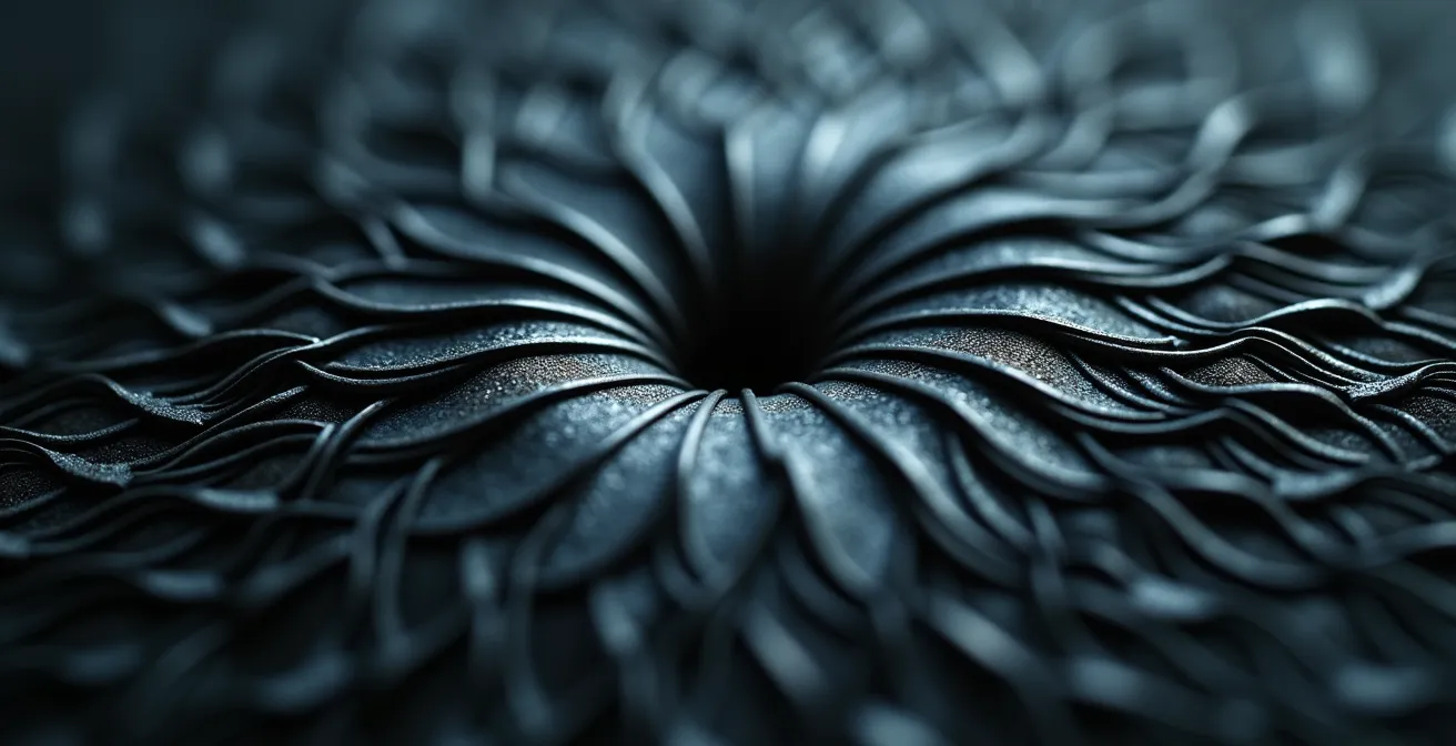 Vue macroscopique abstraite d'une texture complexe cachant un détail subtil, métaphore de la fraude dissimulée.