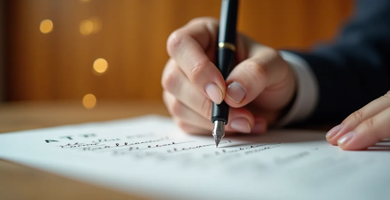 Gros plan sur des mains signant un contrat de direction générale