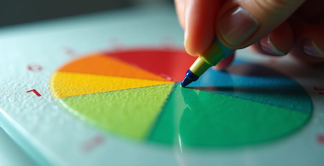 Gros plan sur des mains analysant un graphique quadrant avec des marqueurs colorés sur surface en verre