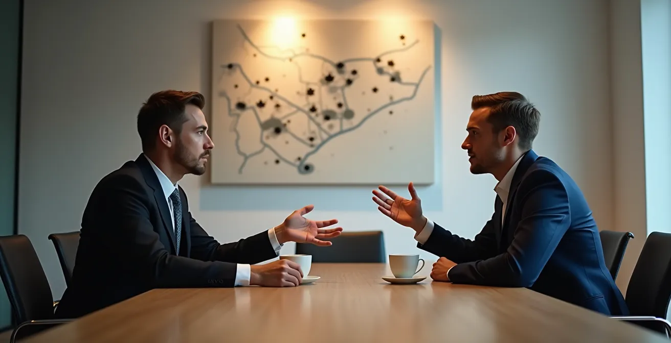 Négociation commerciale entre deux professionnels dans un bureau québécois