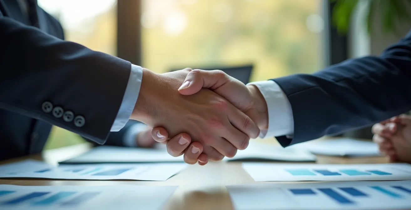 Poignée de main professionnelle au-dessus d'une table avec graphiques flous en arrière-plan