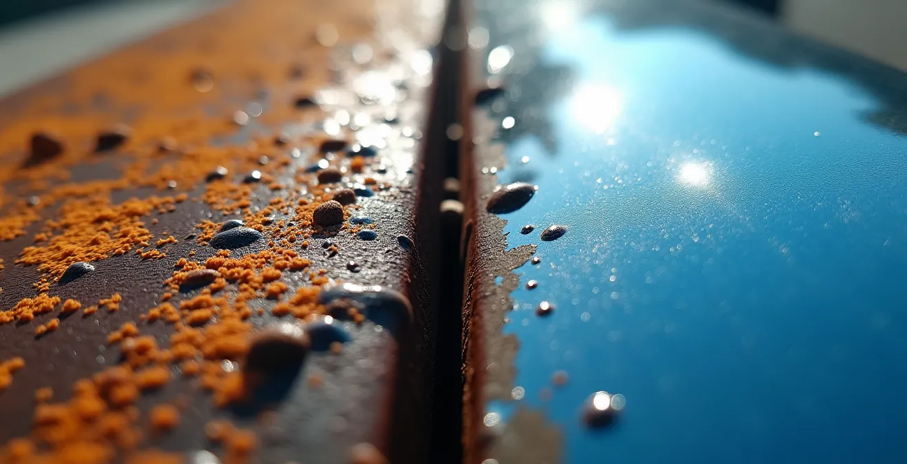 Vue macro sur une surface métallique montrant la transition entre rouille et métal poli
