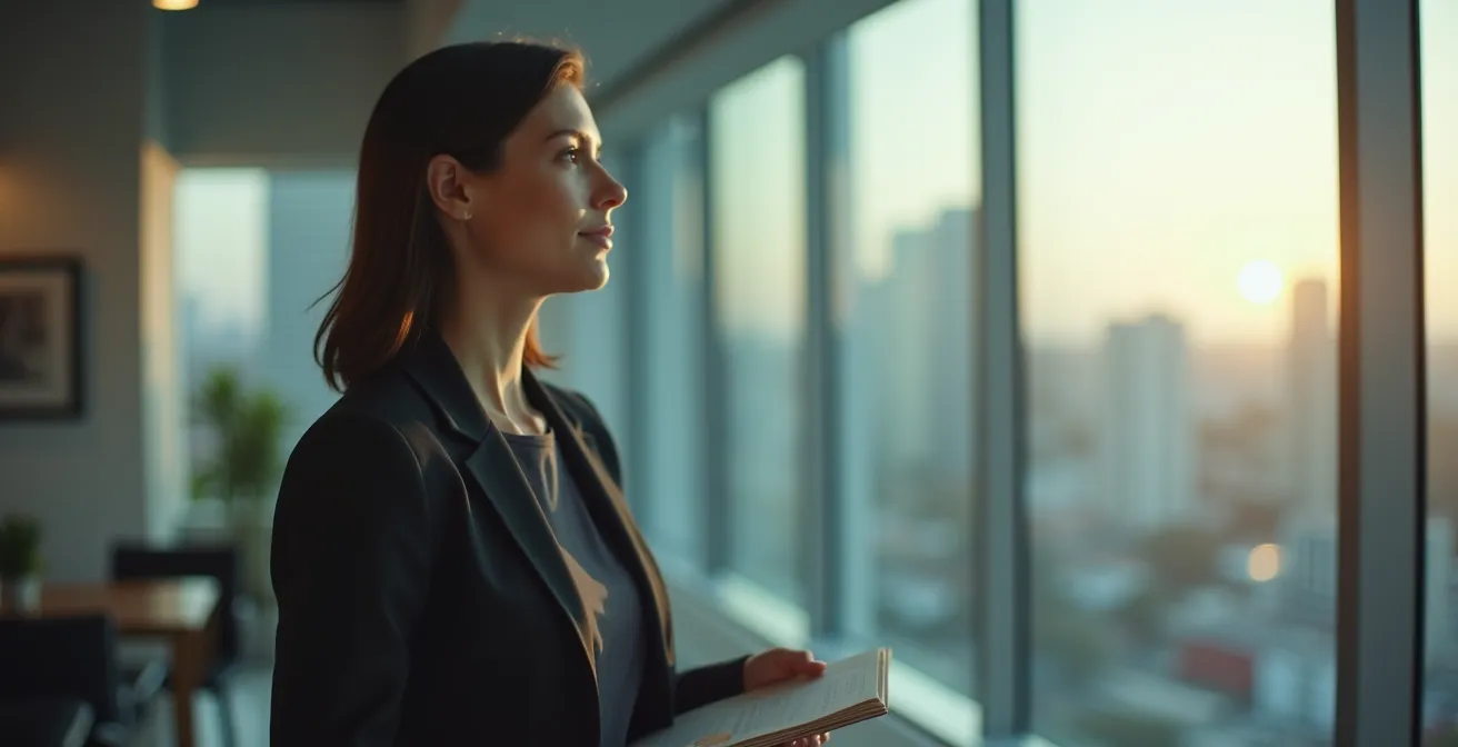 Portrait professionnel d'un dirigeant analysant des opportunités stratégiques dans son bureau