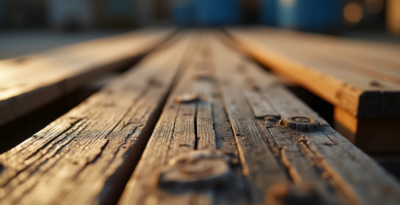 Vue macro de palettes en bois parfaitement agencées dans un conteneur avec jeu de lumière naturelle