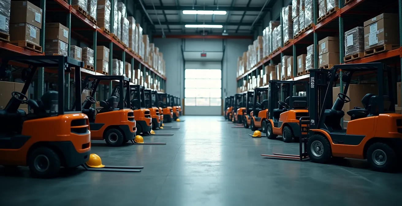 Entrepôt moderne avec postes de travail vides et équipements logistiques en attente, symbolisant la pénurie de main-d'œuvre au Québec.