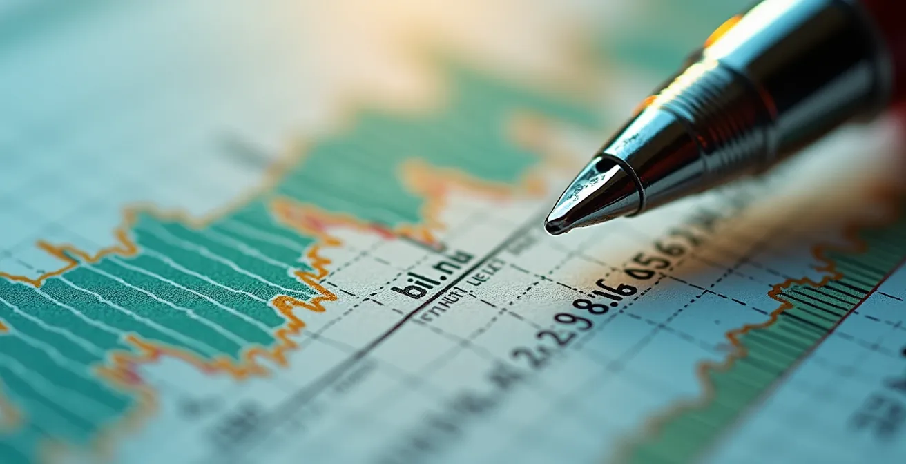 Détail macro de graphiques financiers avec texture de papier et reflets lumineux