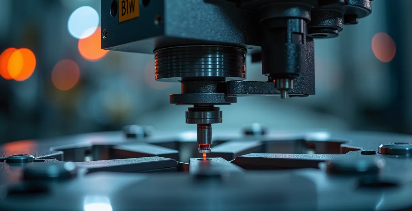 Vue macro d'un système de contrôle qualité avec capteurs et mécanismes de précision