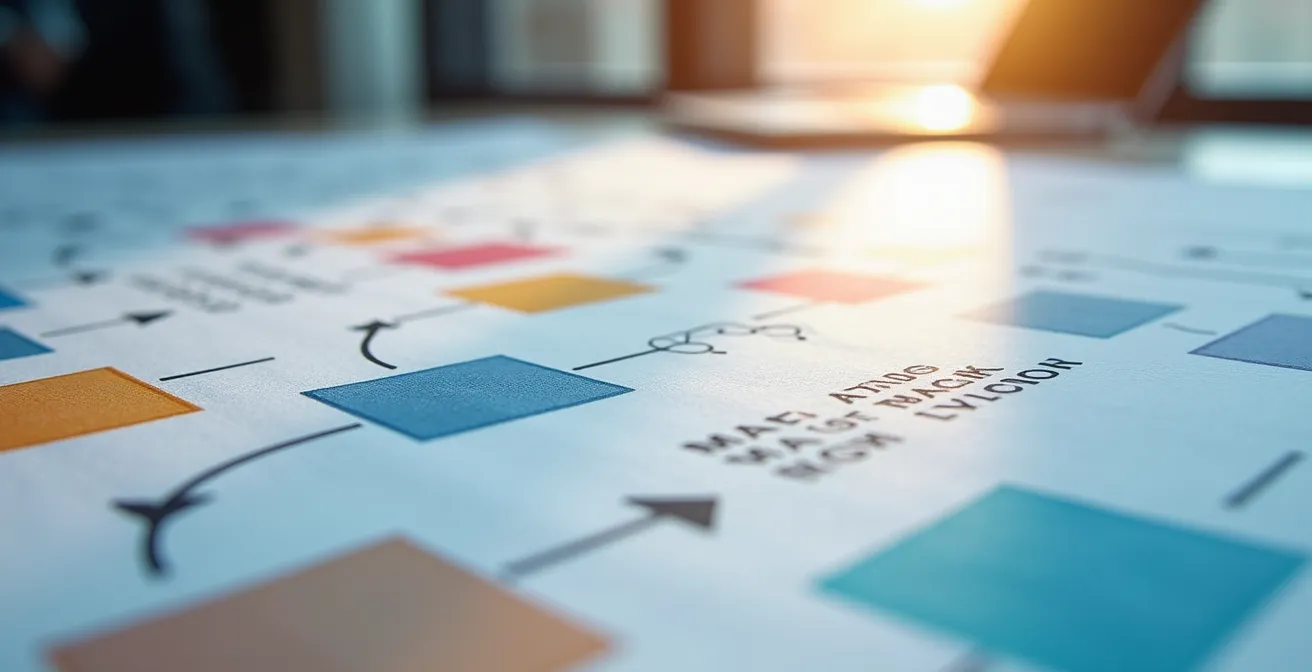 Vue macro d'une fiche processus synthétique avec des indicateurs visuels colorés et des connexions entre les éléments