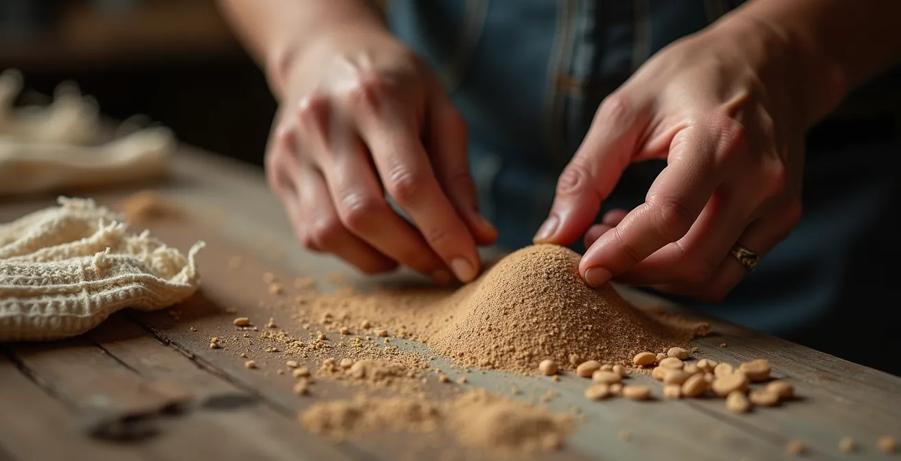 Macro photographique d'un artisan local travaillant sur un produit unique avec des matières premières locales