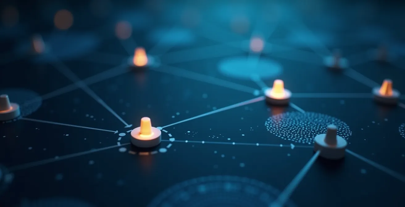 Représentation symbolique d'un réseau logistique interconnecté et résilient, sans texte.