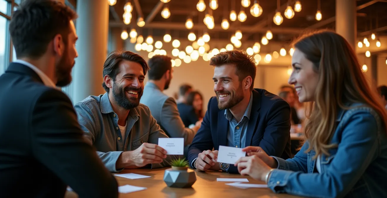 Entrepreneurs québécois en discussion animée lors d'un événement de réseautage à Montréal