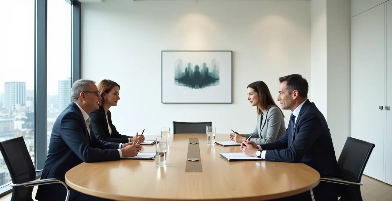 Salle de réunion épurée avec table ronde et quatre personnes en discussion stratégique
