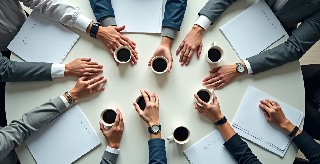 Réunion de chefs d'entreprise autour d'une table avec documents et café