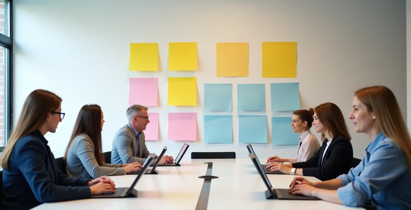 Vue large d'une salle de réunion moderne avec participants utilisant des tablettes pour contribution anonyme