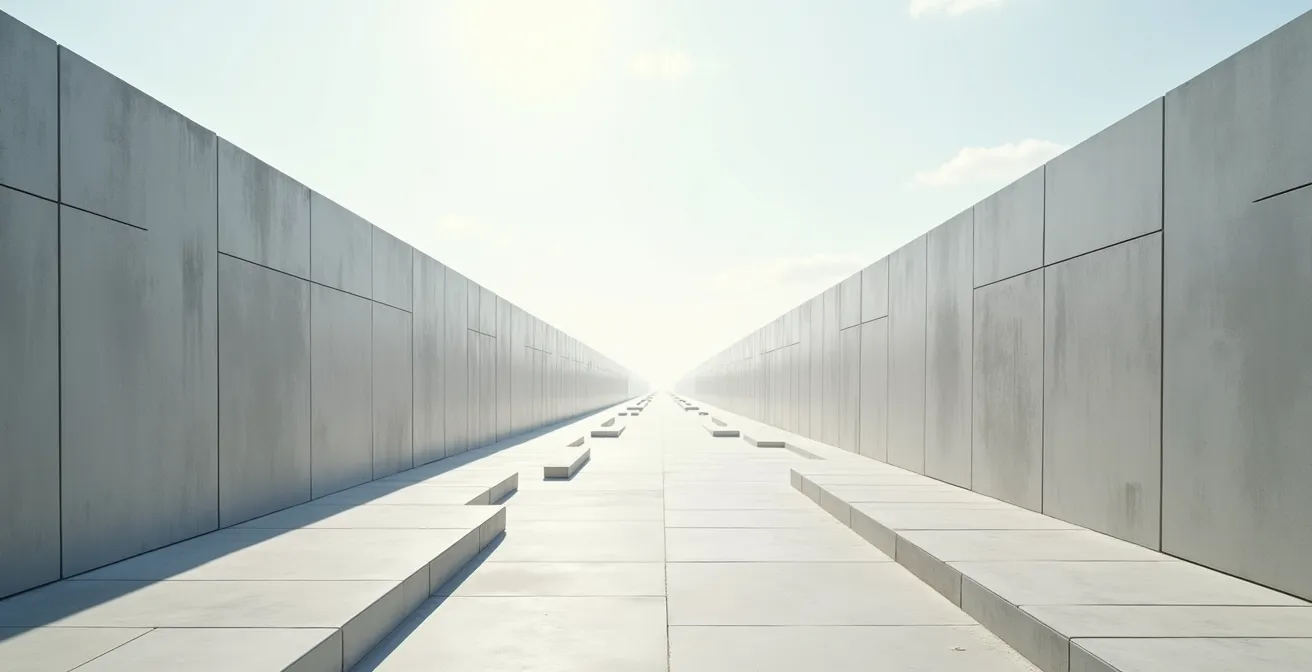 Paysage minimaliste montrant deux chemins parallèles distincts qui ne se croisent pas, symbolisant la séparation des tâches.