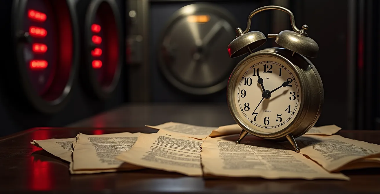 Horloge et documents administratifs montrant l'escalade des conséquences de J+1 à J+120