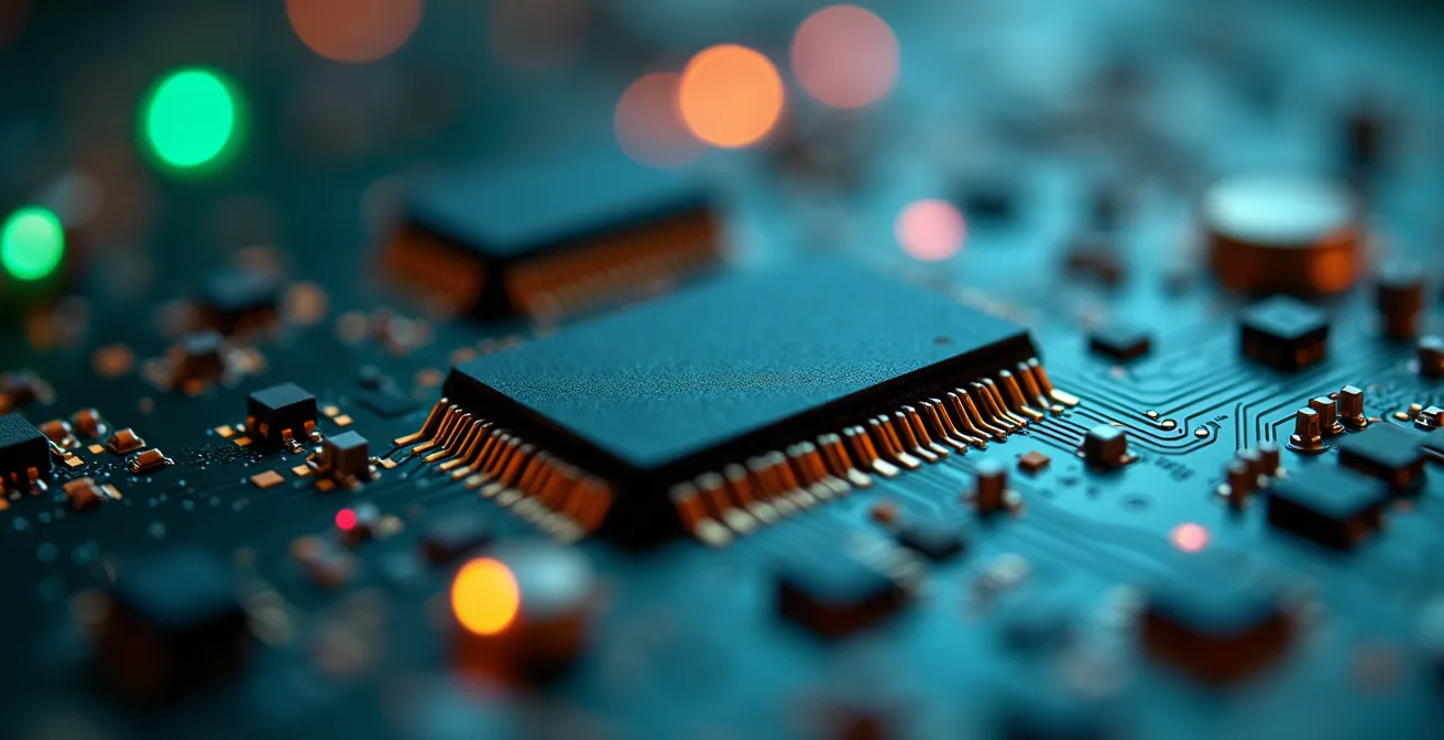 Vue macro de circuits électroniques symbolisant l'innovation technologique disruptive