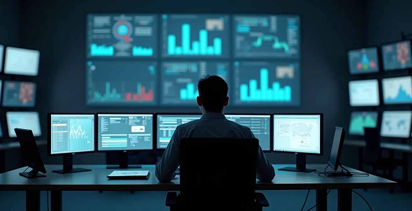 Centre de contrôle industriel moderne avec écrans de monitoring affichant des graphiques de tendances et des indicateurs de performance