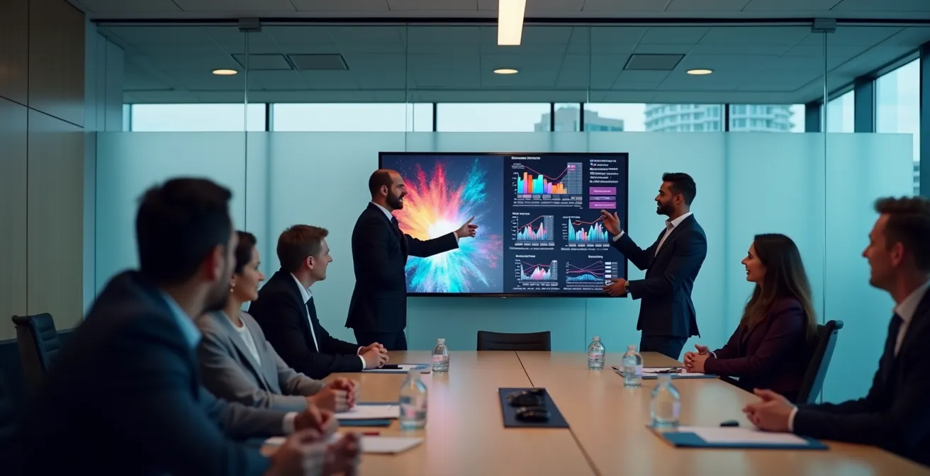 Vue d'ensemble d'un espace de réunion moderne avec des graphiques de performance projetés sur un mur