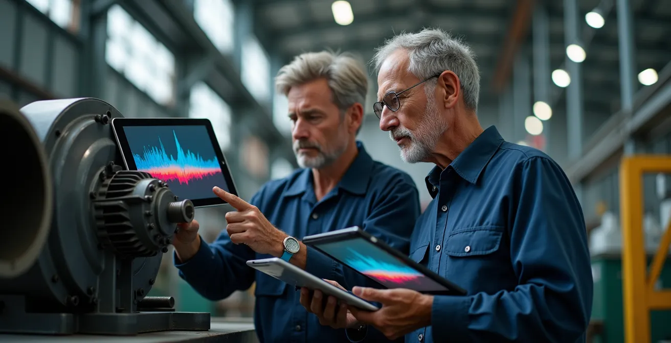 Technicien senior formant un jeune collègue sur l'analyse de données vibratoires via tablette numérique dans un environnement industriel