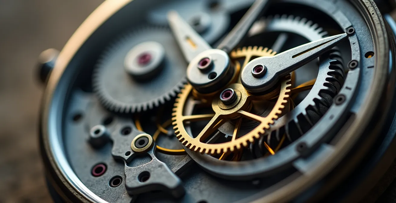 Vue macro détaillée d'un chronomètre professionnel montrant la précision du calcul du temps