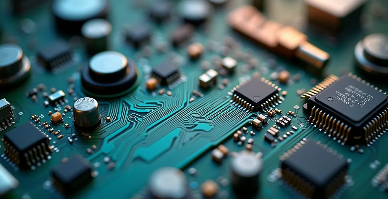 Vue macro de composants technologiques symbolisant la transformation numérique industrielle